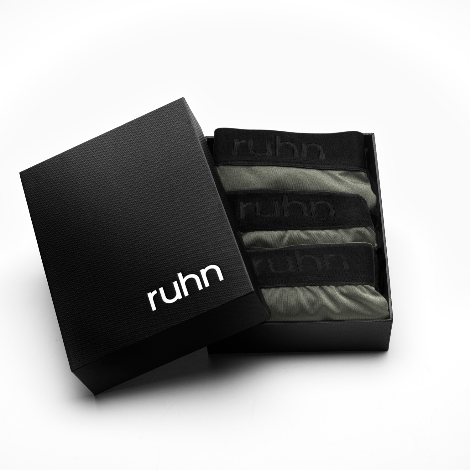 ruhn Agility Collection three-pack of combat green performance underwear in premium black box packaging